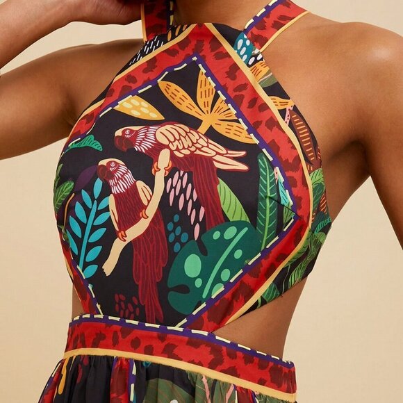 Black Boho Women's Palm Tree Print Strapless Hollow Out Dress - Picture 5 of 6